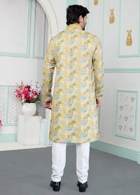 Yellow art silk straight kurta for men 3