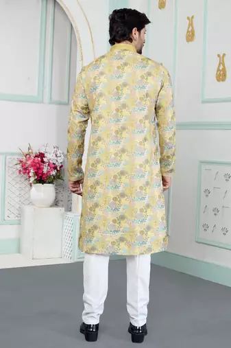 Yellow art silk straight kurta for men