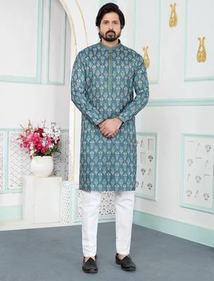 Green art silk straight kurta for men 1