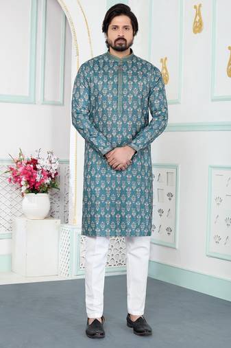 Green art silk straight kurta for men