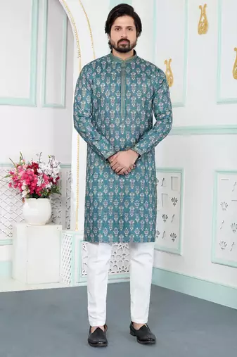 Green art silk straight kurta for men