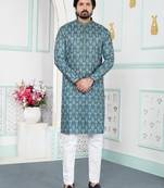 Green art silk straight kurta for men