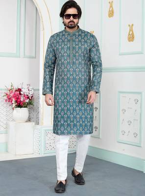 Green art silk straight kurta for men 2