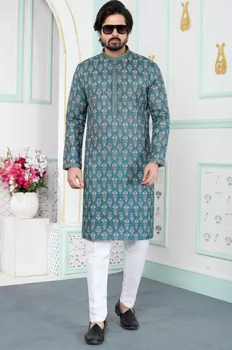 Green art silk straight kurta for men