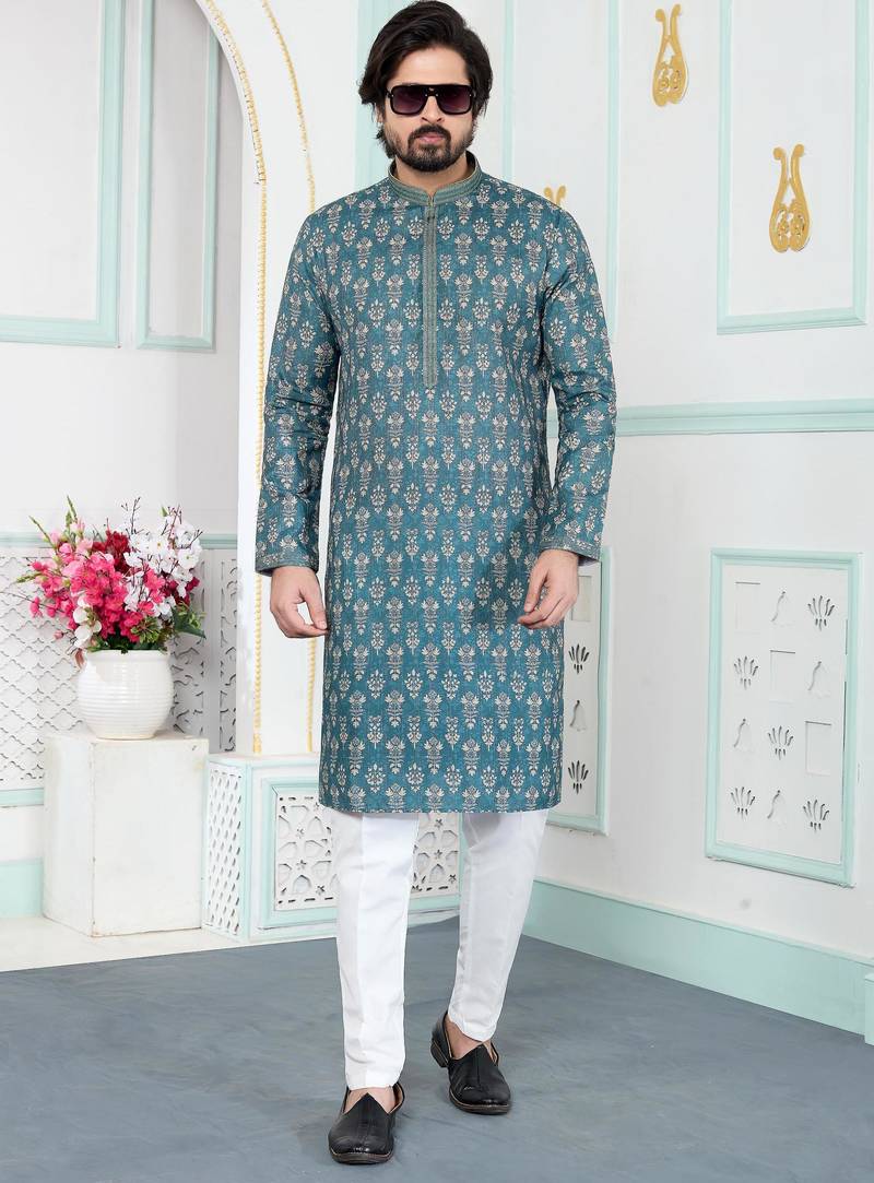 Green art silk straight kurta for men
