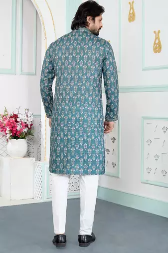 Green art silk straight kurta for men