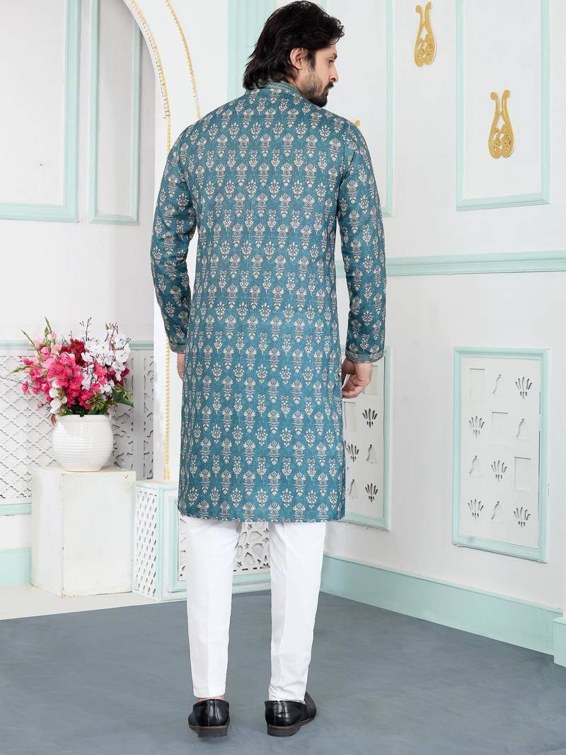 Green art silk straight kurta for men