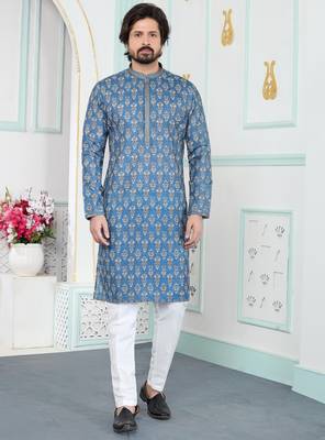 Blue art silk straight kurta for men 1