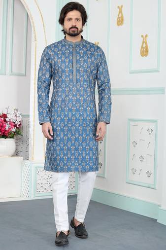 Blue art silk straight kurta for men