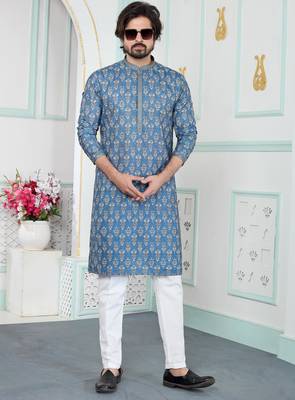 Blue art silk straight kurta for men 2