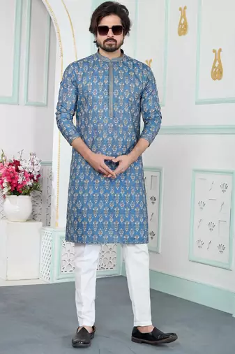 Blue art silk straight kurta for men
