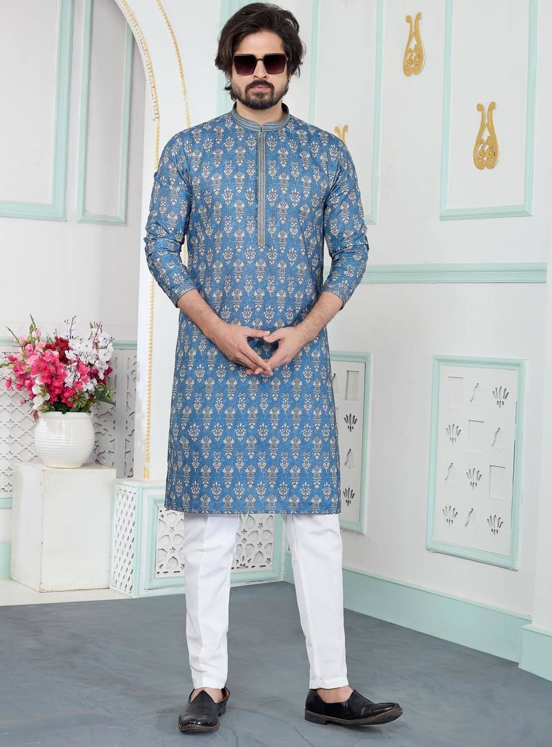 Blue art silk straight kurta for men