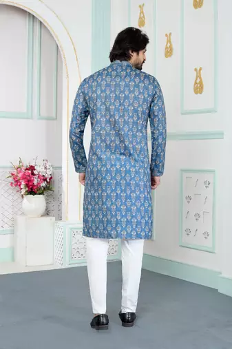 Blue art silk straight kurta for men