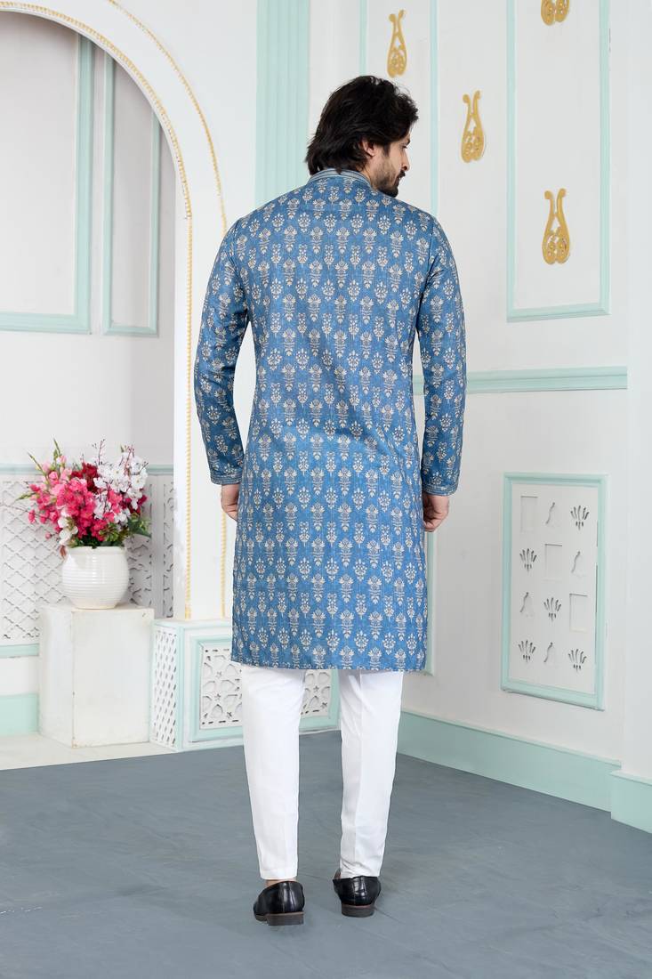Blue art silk straight kurta for men