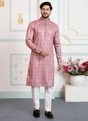 Pink art silk straight kurta for men 1