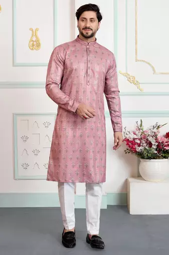 Pink art silk straight kurta for men