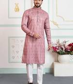 Pink art silk straight kurta for men