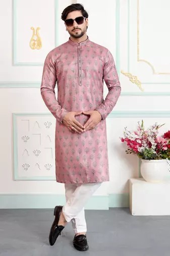 Pink art silk straight kurta for men