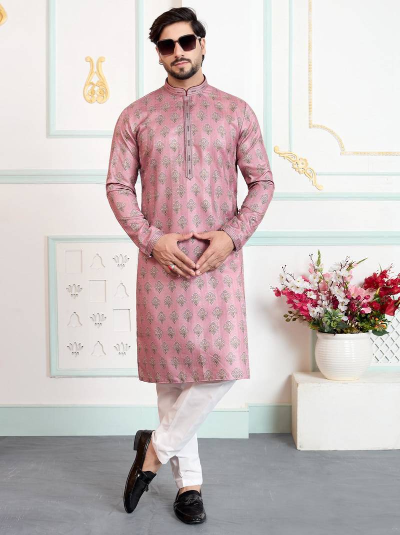 Pink art silk straight kurta for men