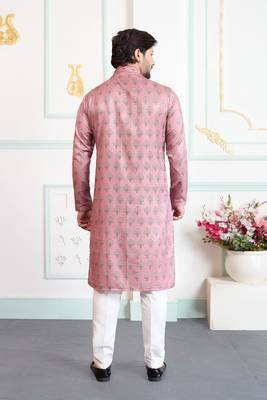 Pink art silk straight kurta for men 3