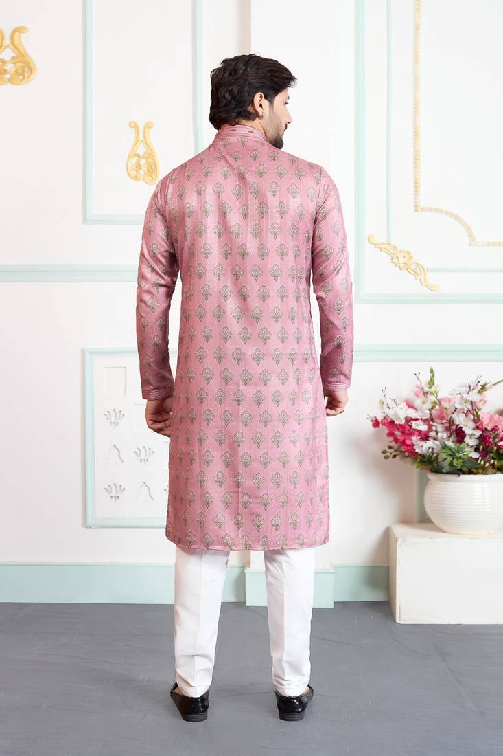 Pink art silk straight kurta for men