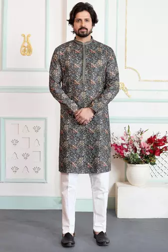 Green art silk straight kurta for men
