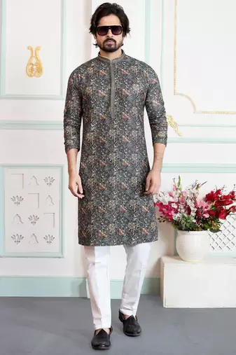 Green art silk straight kurta for men
