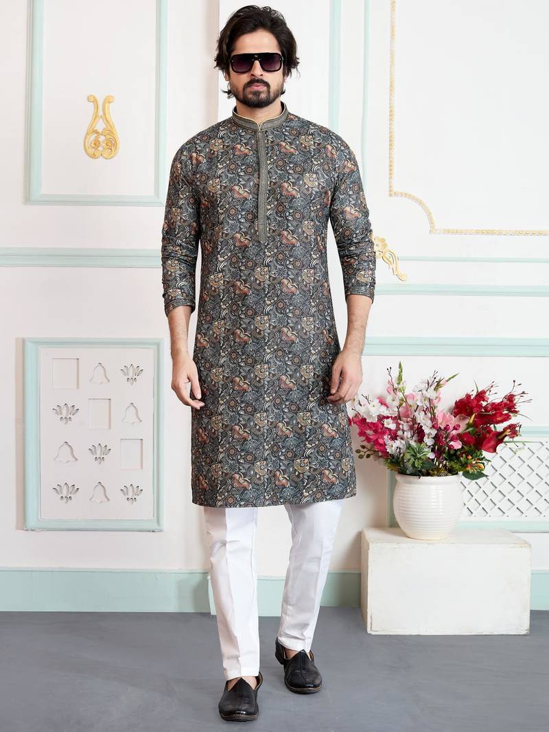 Green art silk straight kurta for men