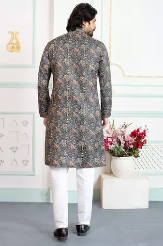 Green art silk straight kurta for men
