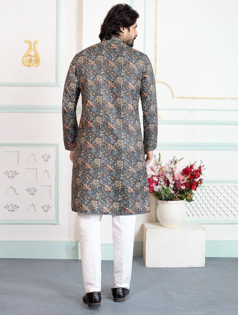 Green art silk straight kurta for men