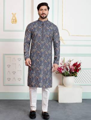 Blue art silk straight kurta for men 1