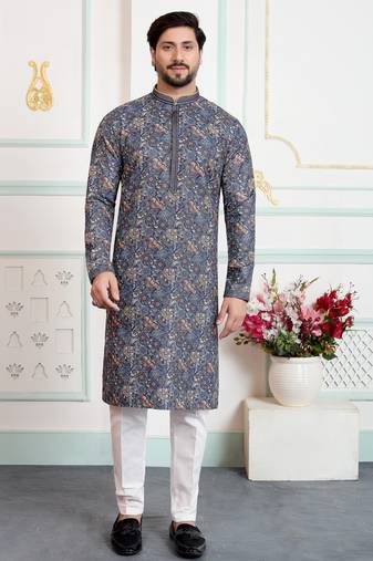 Blue art silk straight kurta for men