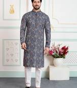 Blue art silk straight kurta for men