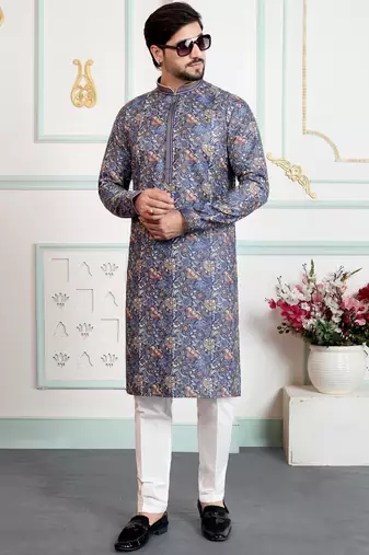 Blue art silk straight kurta for men