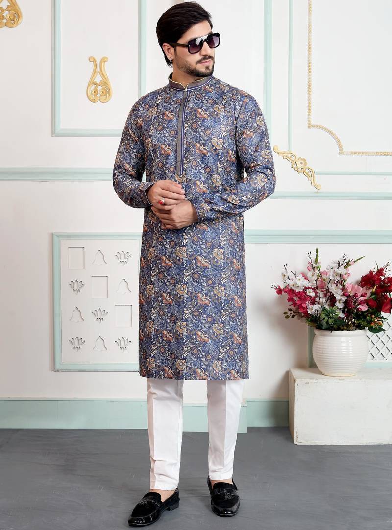 Blue art silk straight kurta for men