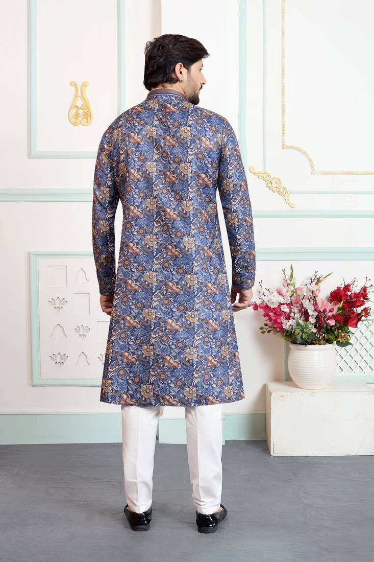 Blue art silk straight kurta for men