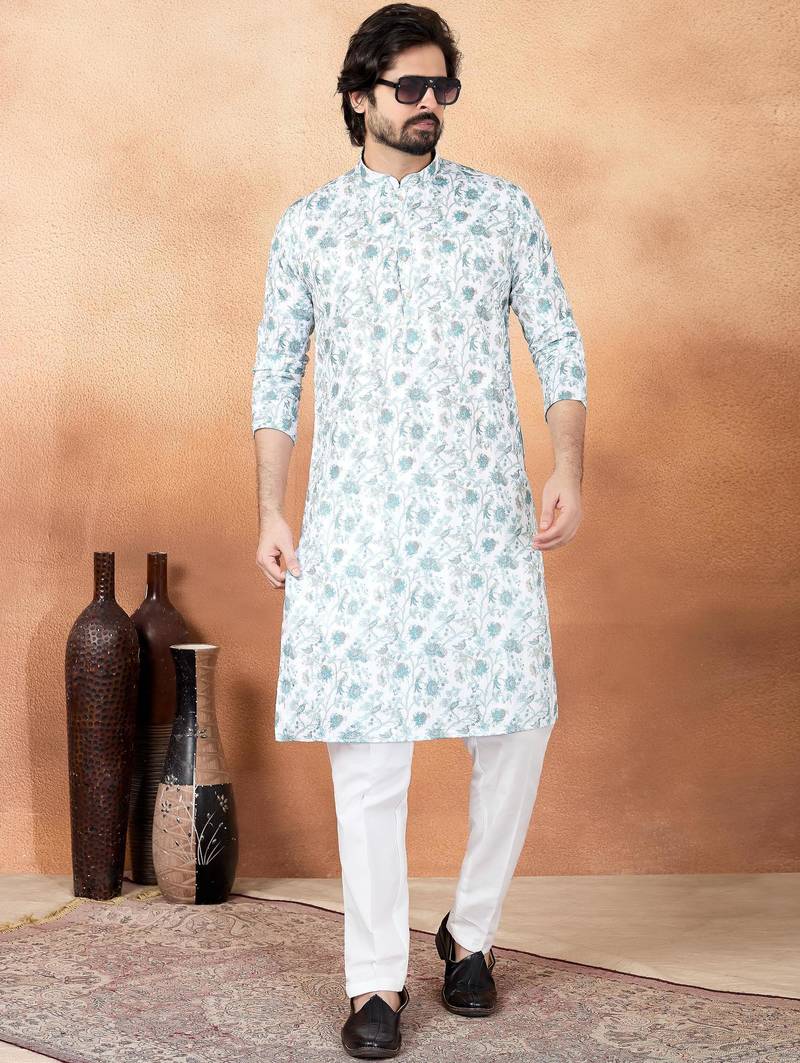 Green art silk straight kurta for men