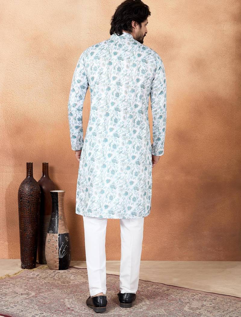 Green art silk straight kurta for men