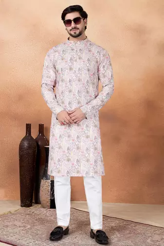 Pink art silk straight kurta for men