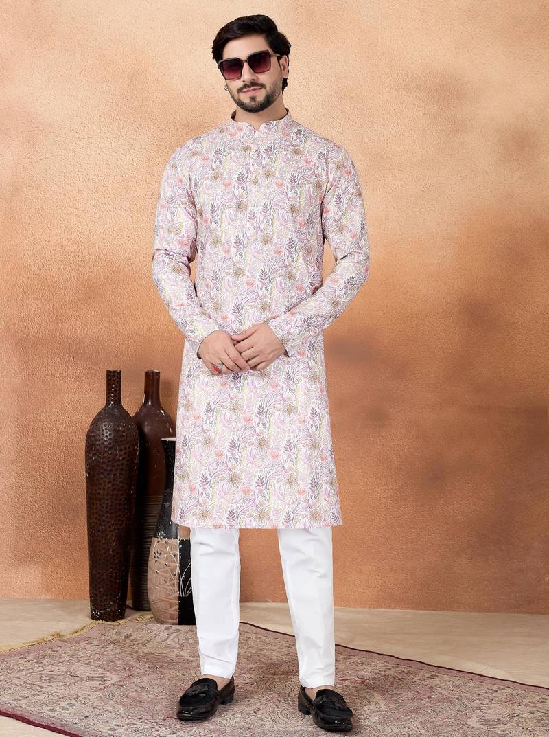 Pink art silk straight kurta for men