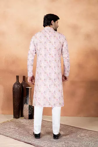Pink art silk straight kurta for men
