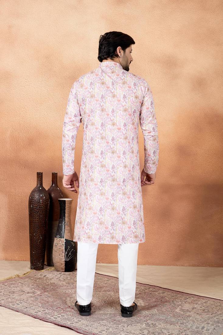 Pink art silk straight kurta for men