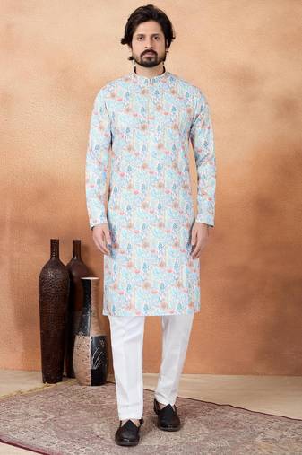 Blue art silk straight kurta for men