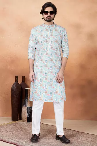 Blue art silk straight kurta for men