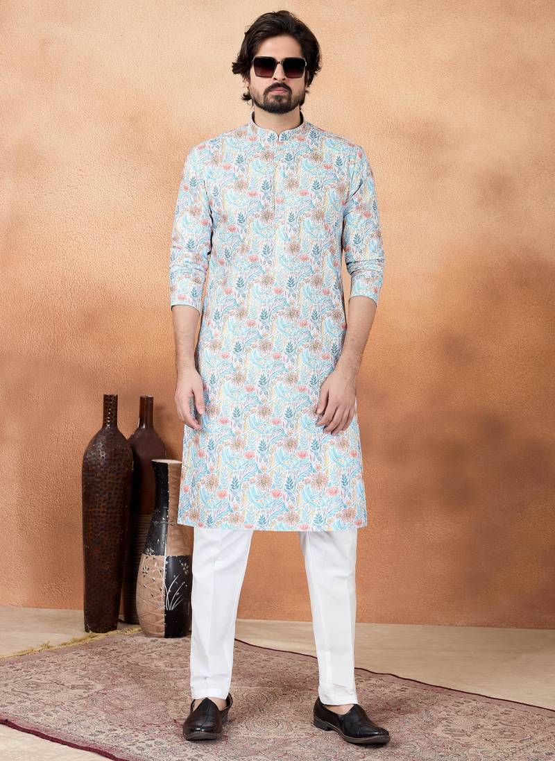 Blue art silk straight kurta for men