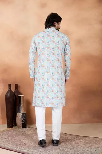 Blue art silk straight kurta for men