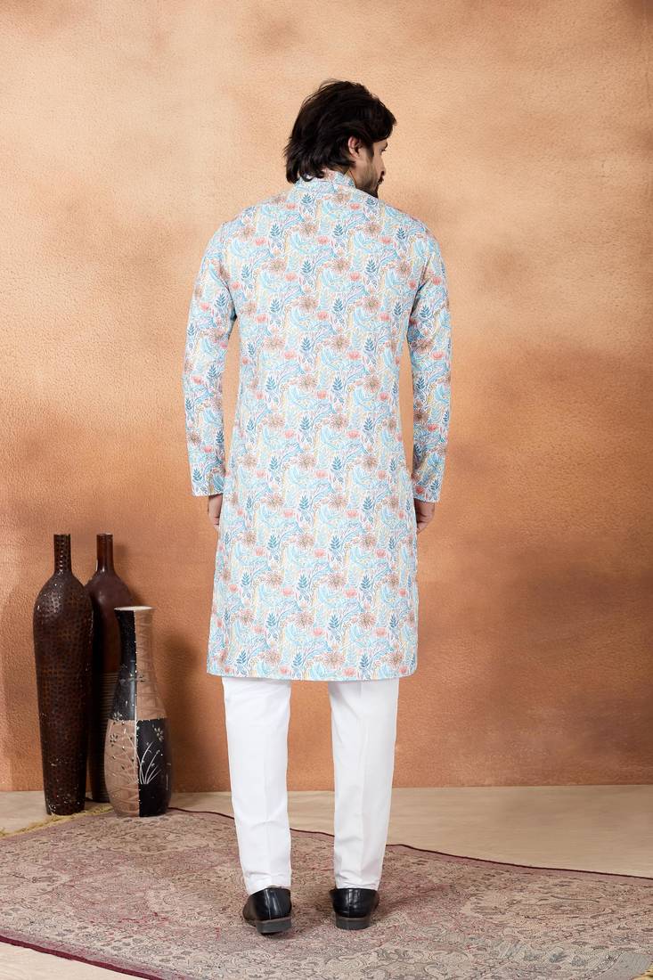 Blue art silk straight kurta for men