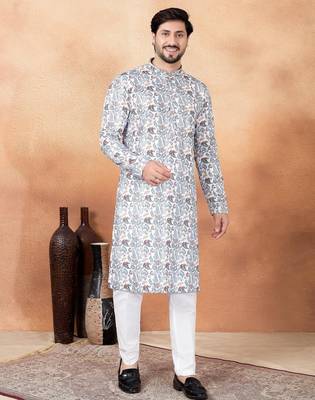 Off white art silk straight kurta for men 1