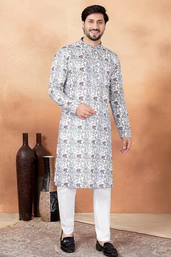 Off white art silk straight kurta for men