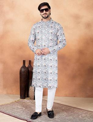 Off white art silk straight kurta for men 2